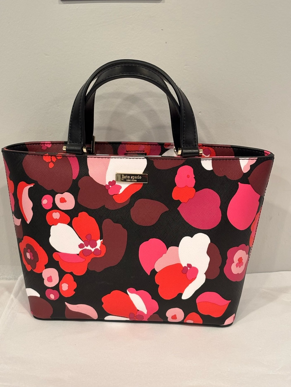 Kate Spade Black Floral Tote with Pink, Red & White Accents